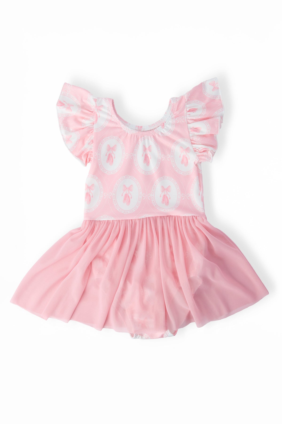 Pink dress with white text and ruffled sleeves on a white background