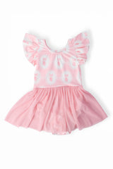 Pink dress with white text and ruffled sleeves on a white background