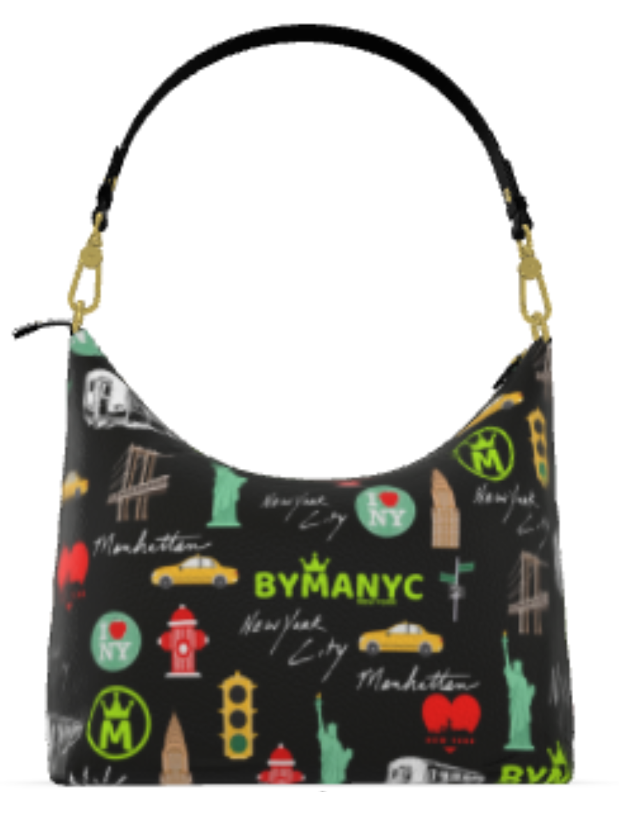 Handbag with New York City-themed design and 'BYMANYC' branding on a black background