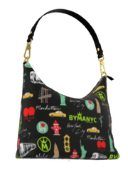 Handbag with New York City-themed design on a black background