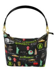Handbag with New York City-themed design on a black background