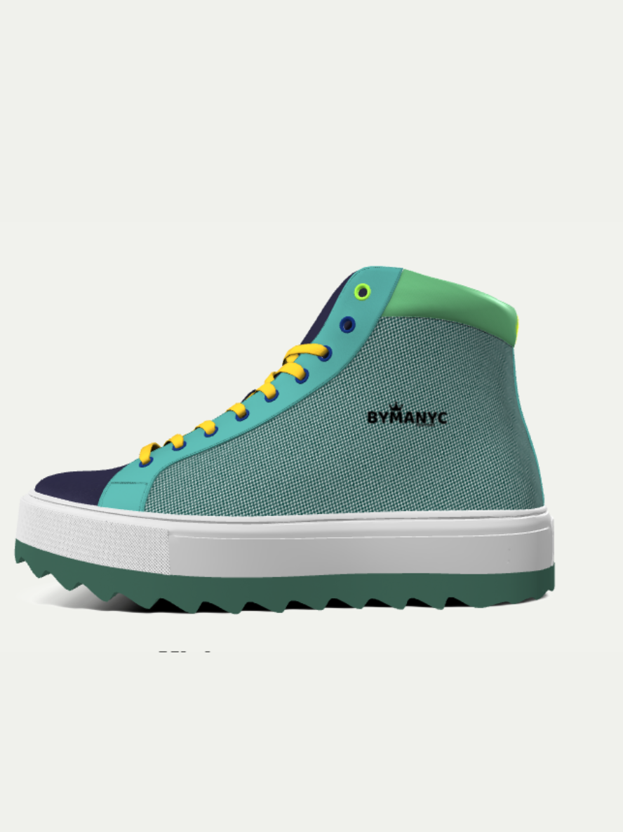 Green high-top sneaker with yellow laces on a white background