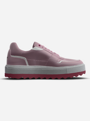 Pink sneaker with a white sole on a light gray background