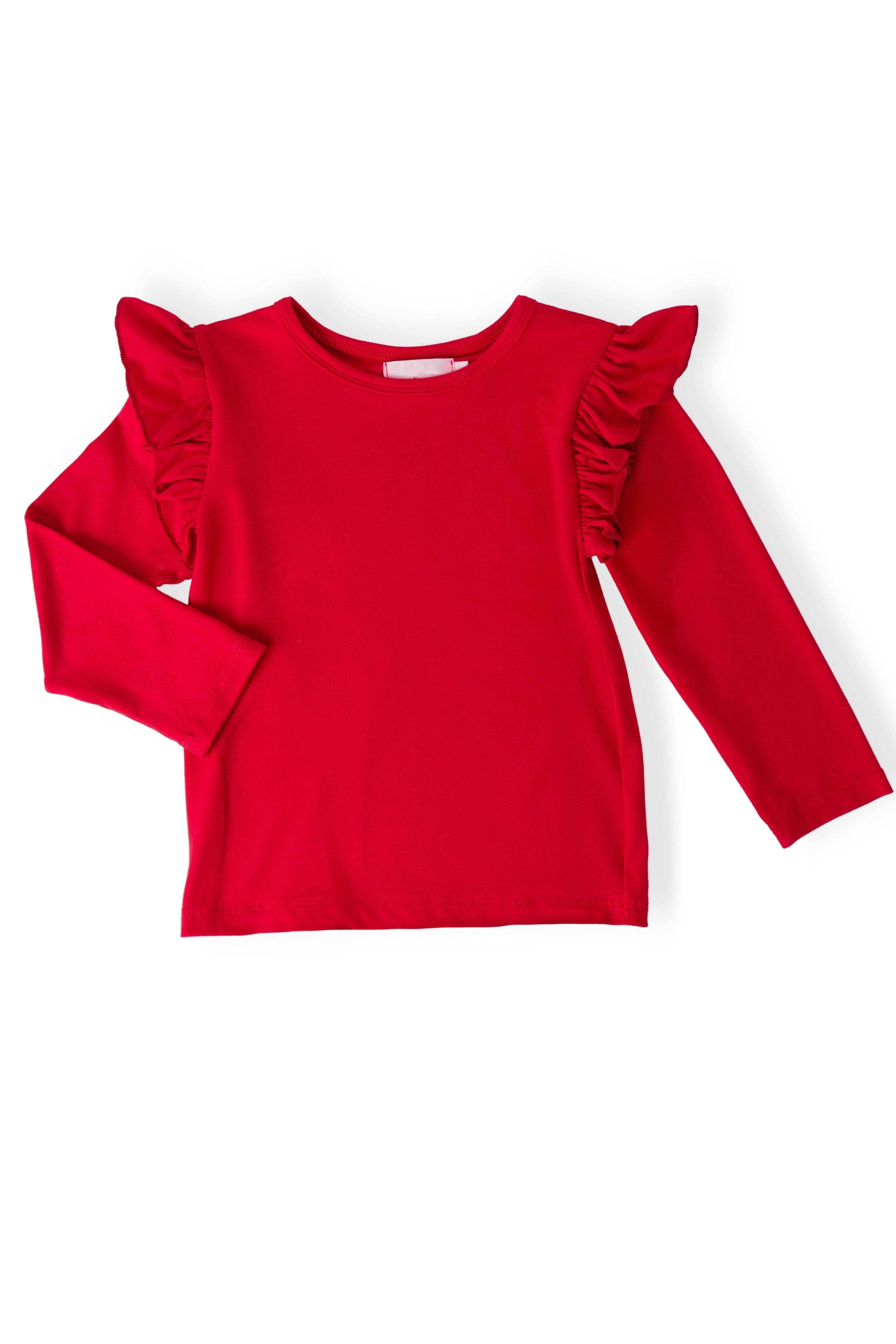 Red long-sleeve top with ruffled shoulders on a white background