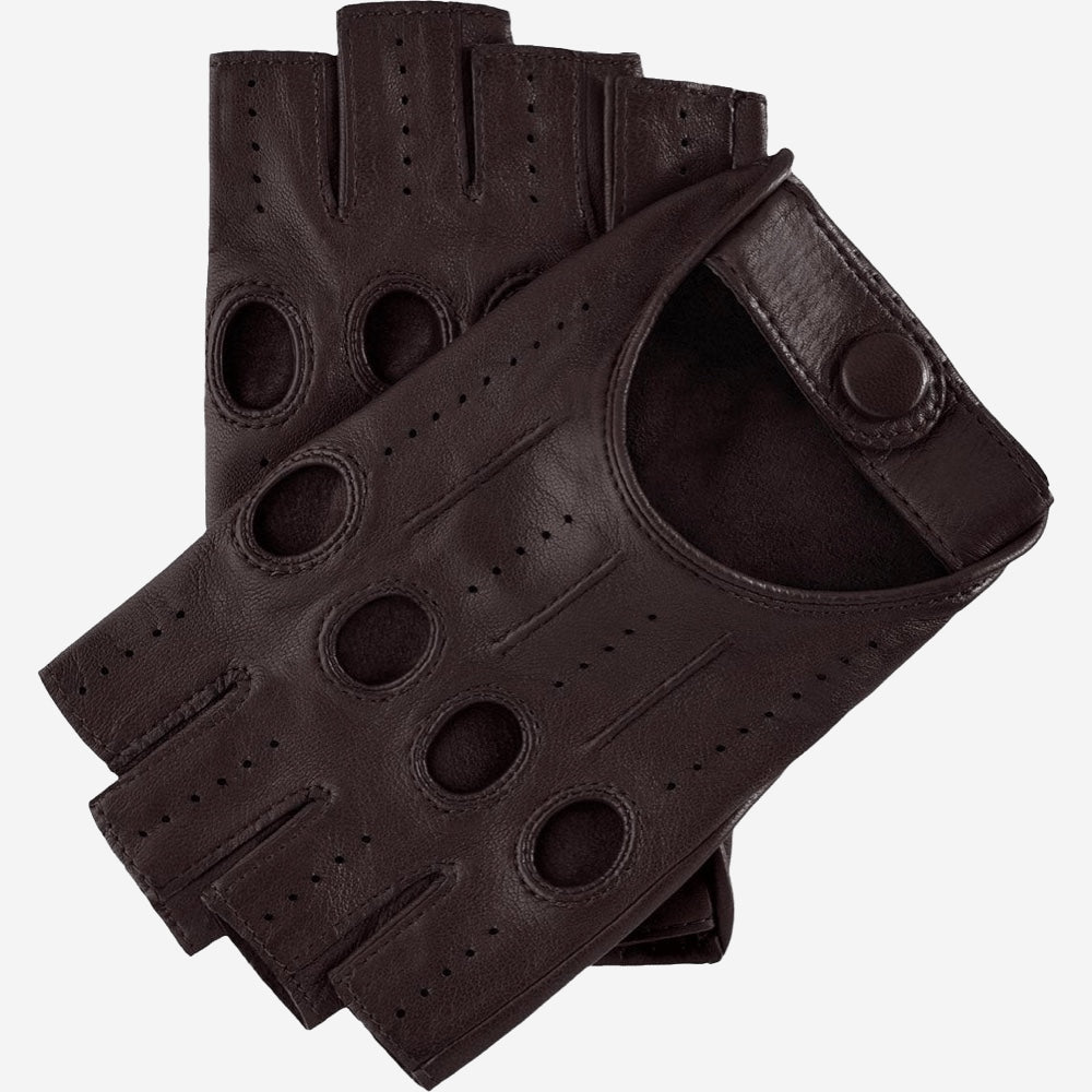 Pair of brown leather fingerless gloves on a white background