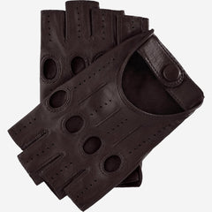 Pair of brown leather fingerless gloves on a white background