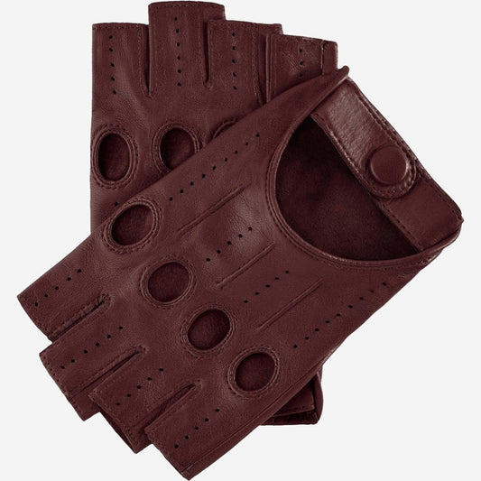 Pair of brown leather driving gloves with fingerless design on a white background