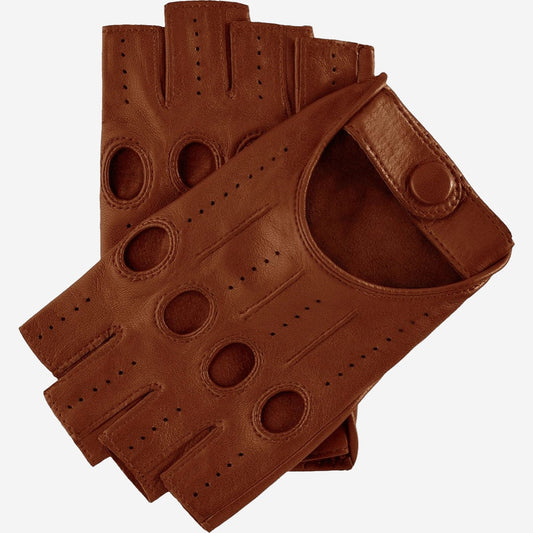 Pair of brown leather gloves with fingerless design on a white background