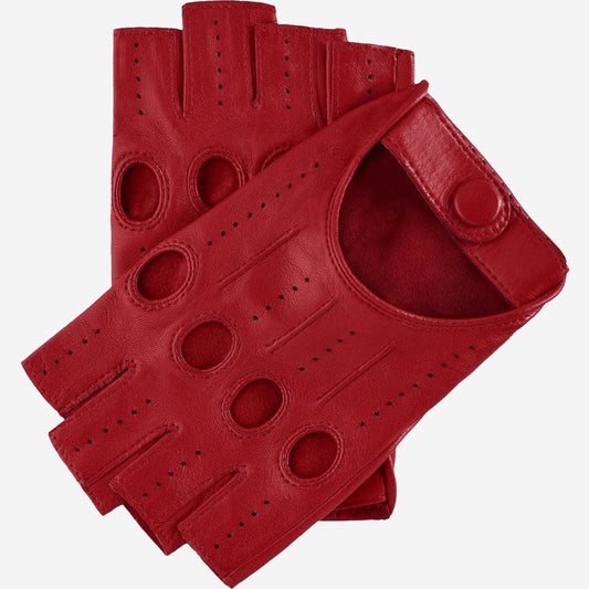 Pair of red leather fingerless gloves on a white background