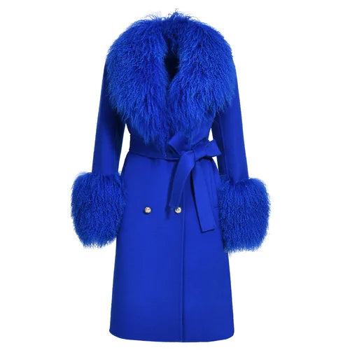 Wool Cashmere Coat with Mongolian Fur Collar | Women's Luxury