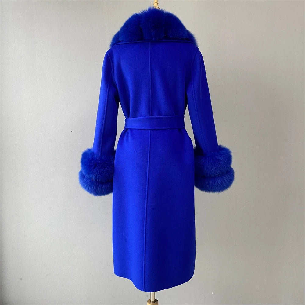 Women's Cashmere and Jasmine Wool Trench Coat with Fur Collar