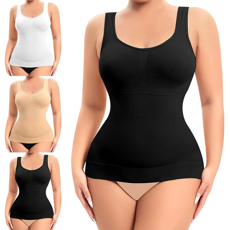Three views of a women's shapewear tank top shown on a model against a white background: a large black view in the foreground, a beige view in the middle left, and a white view in the top left. The tank has a scoop neckline, wide straps, and a smoothing shapely fit.