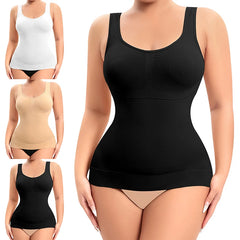 Three views of a women's shapewear tank top shown on a model against a white background: a large black view in the foreground, a beige view in the middle left, and a white view in the top left. The tank has a scoop neckline, wide straps, and a smoothing shapely fit.