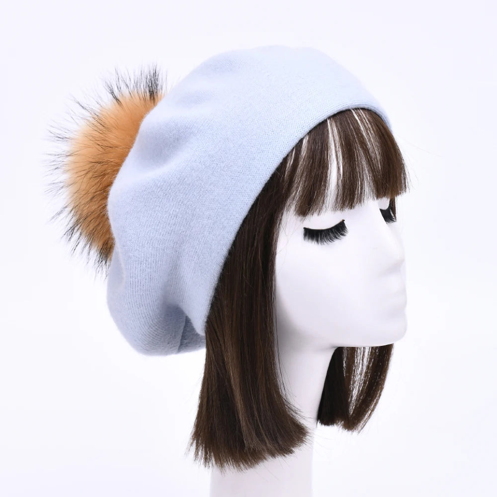 Winter Women's Knitted Wool Beret with Natural Raccoon Fur Pom-Pom