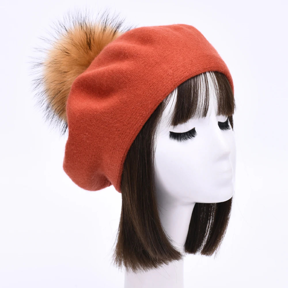 Winter Women's Knitted Wool Beret with Natural Raccoon Fur Pom-Pom