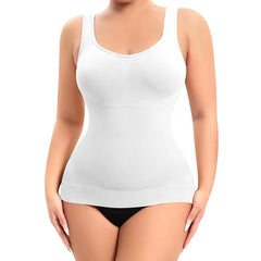 A white ribbed tank top with a scoop neckline and wide shoulder straps, shown on a model against a plain white background.