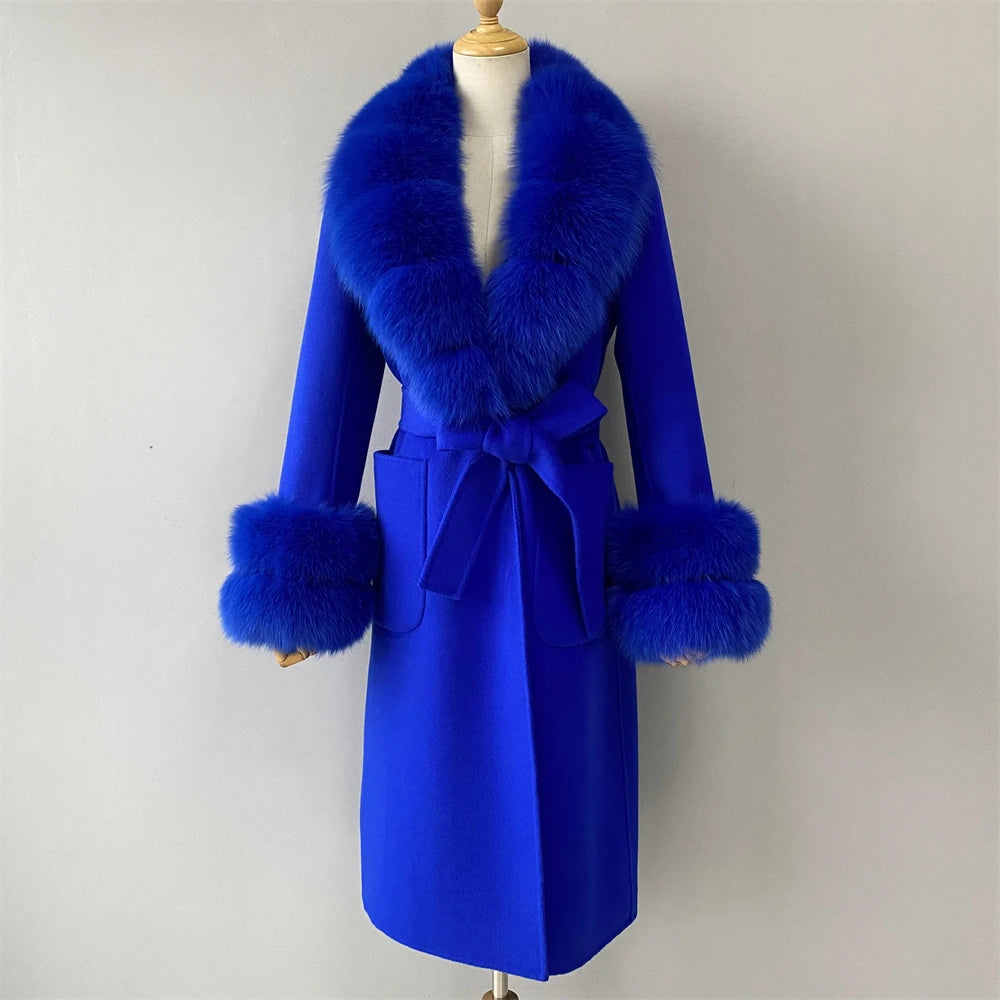 Women's Cashmere and Jasmine Wool Trench Coat with Fur Collar