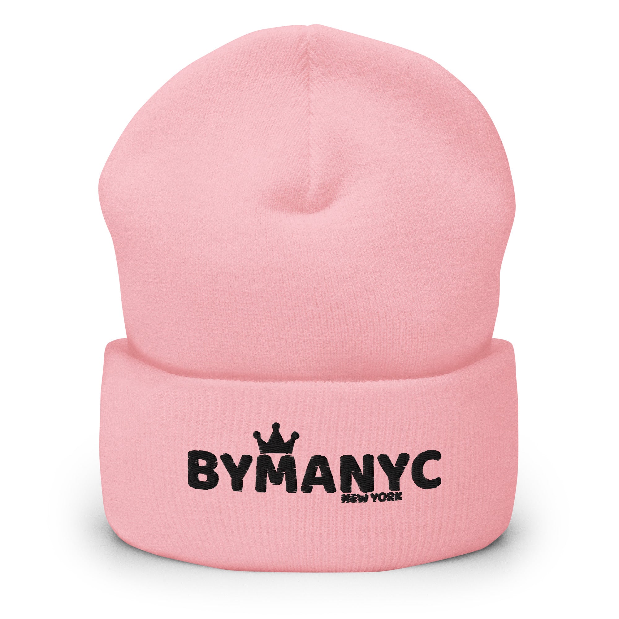 Pink beanie with 'BY MANYC NEW YORK' text on a white background