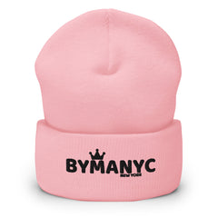 Pink beanie with 'BY MANYC NEW YORK' text on a white background