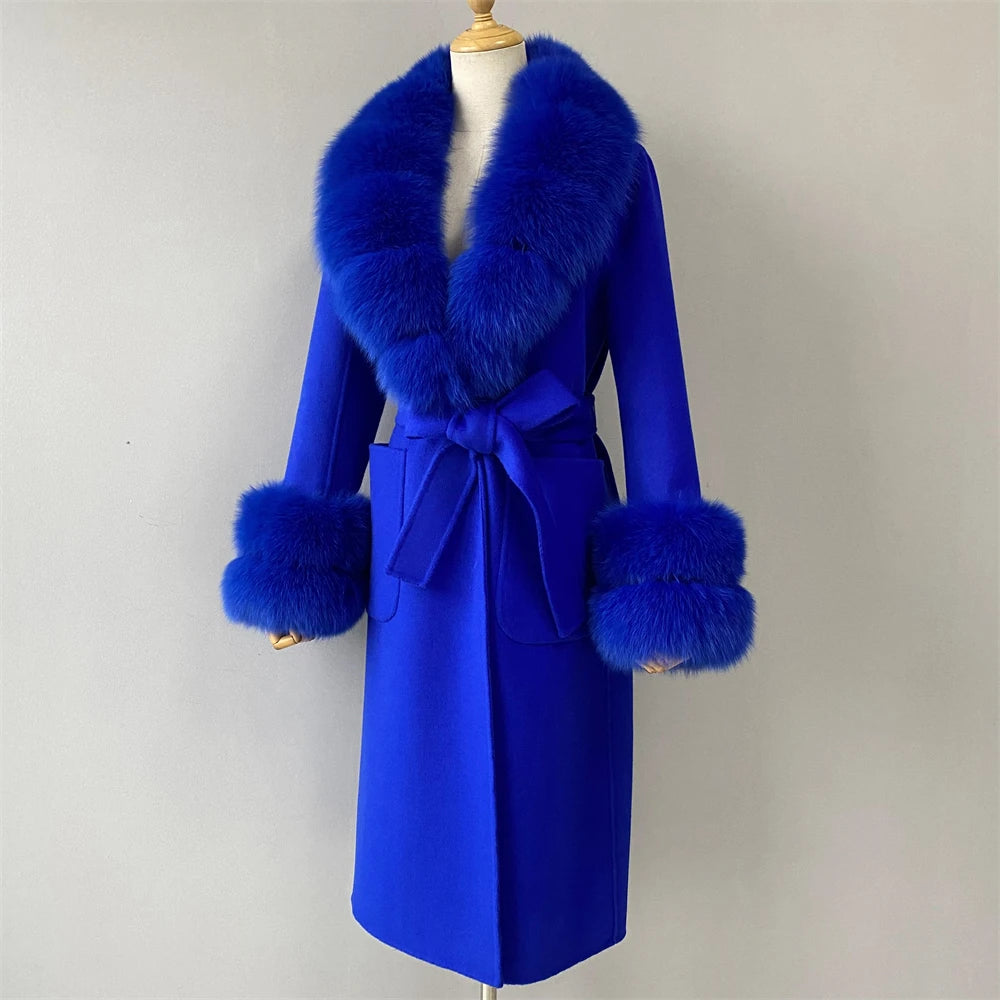 Women's Cashmere and Jasmine Wool Trench Coat with Fur Collar