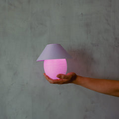 Hand holding a pink spherical light with a purple shade against a gray background