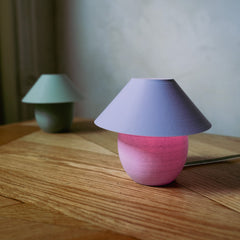Small pink and purple lamp on a wooden surface with a blurred background
