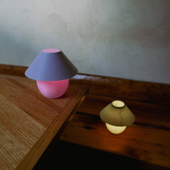 Two colorful night lights on wooden surfaces with a neutral background
