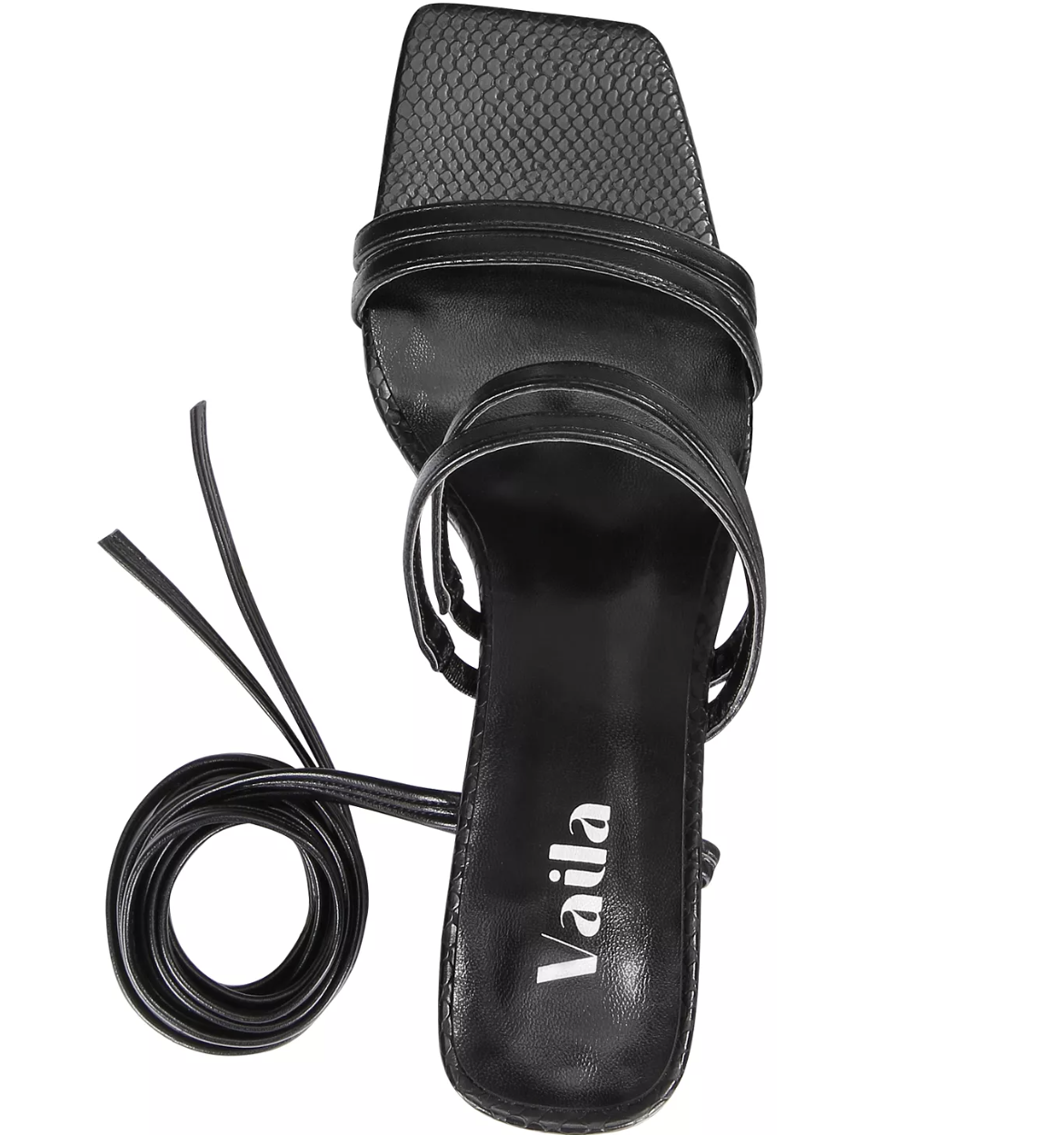 Black sandal with a strap and 'Vaila' branding on a white background