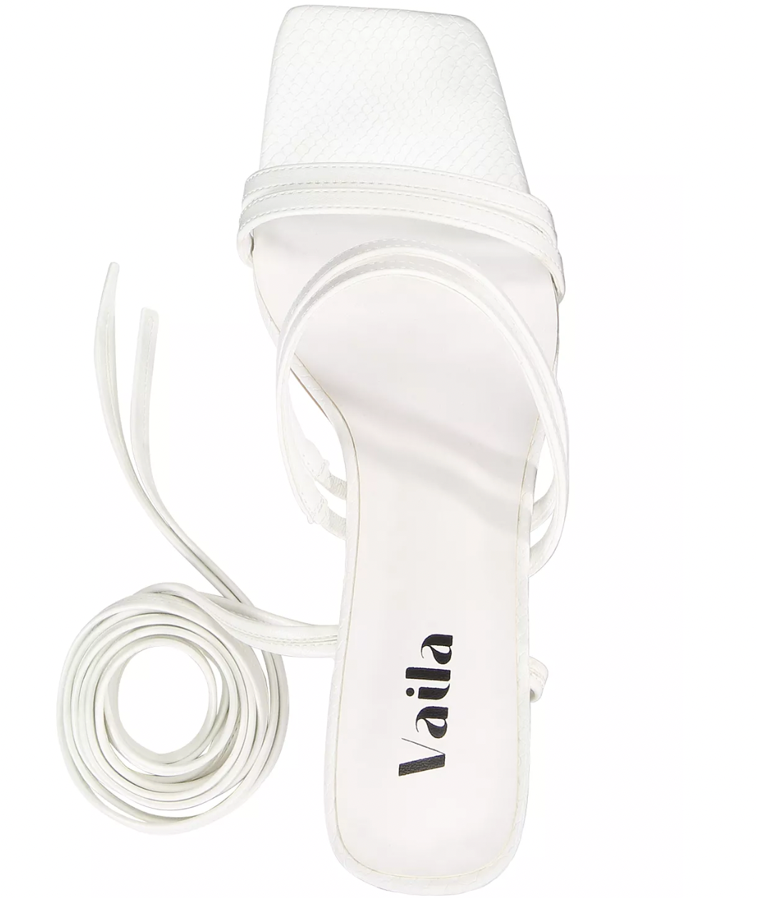 White sandal with 'Vaila' branding on a white background