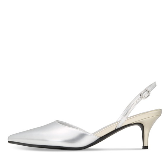 Silver high-heeled shoe on a white background