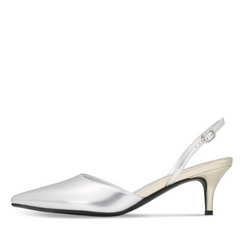 Silver high-heeled shoe on a white background