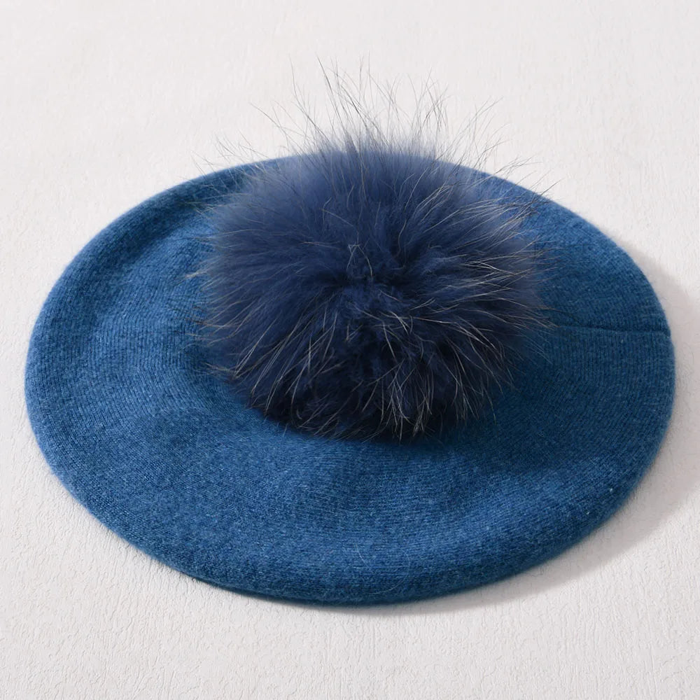 Winter Women's Knitted Wool Beret with Natural Raccoon Fur Pom-Pom