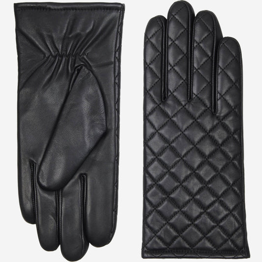 A pair of black leather gloves shown side by side on a light gray background, with one glove displaying a smooth leather back and the other showing a quilted diamond pattern on the back of the hand.
