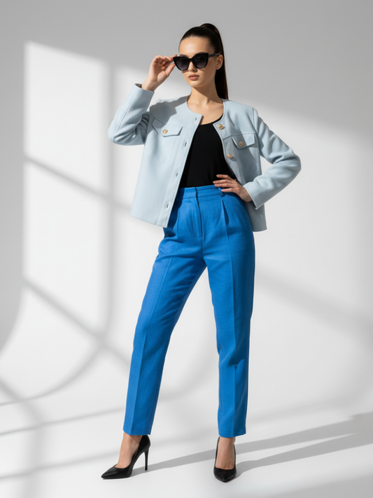 Woman wearing a light blue jacket, black top, and bright blue pants against a white background