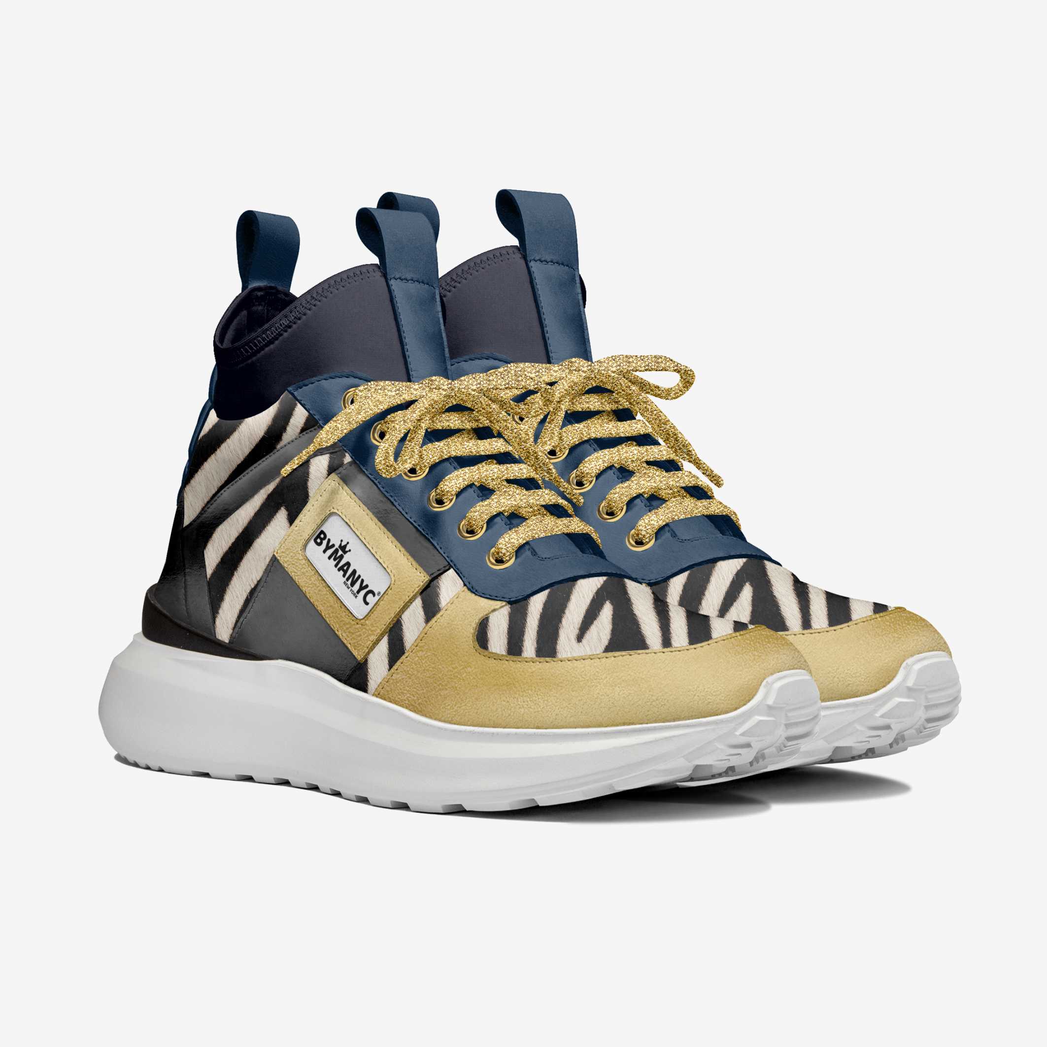 Sneaker with zebra pattern and gold accents on a white background