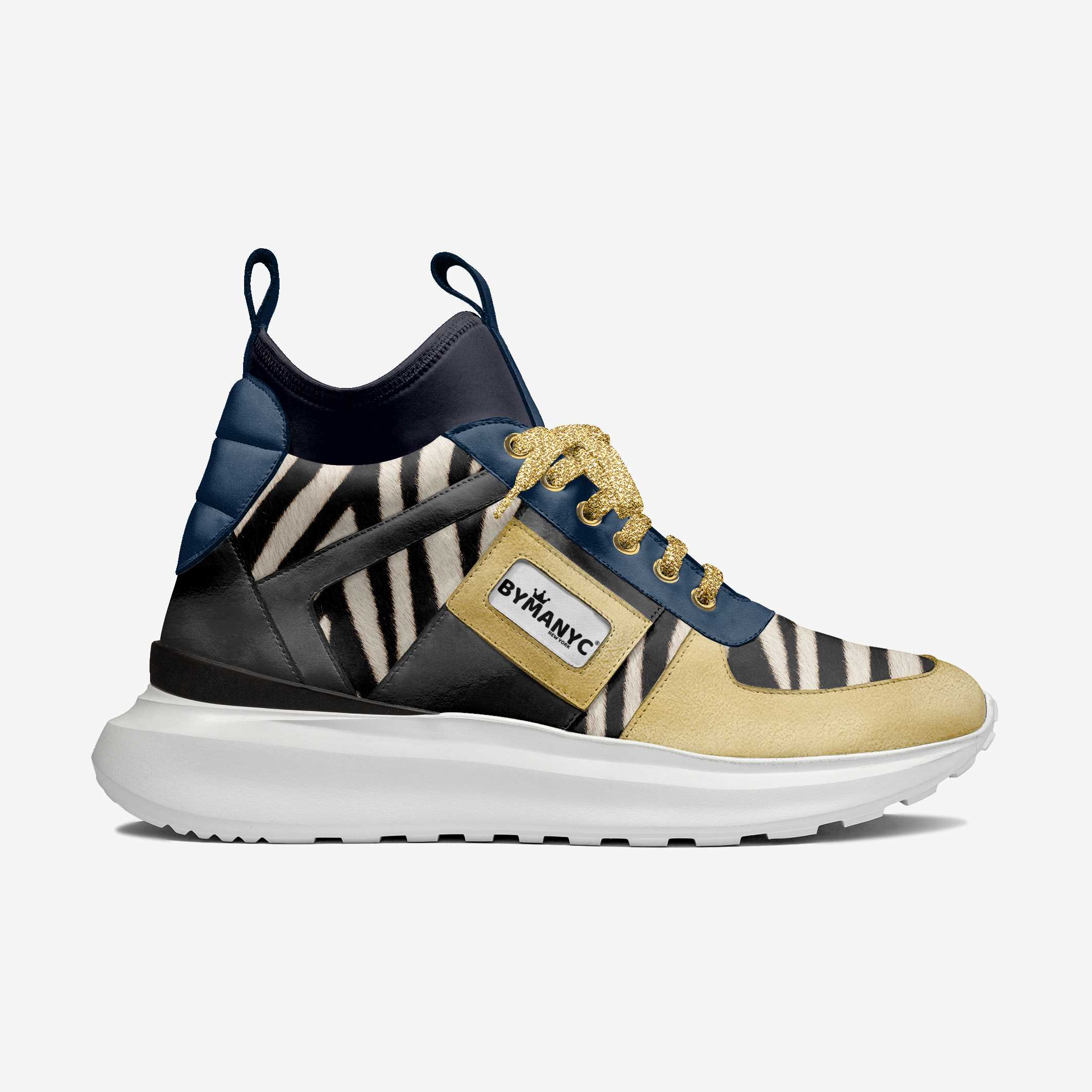 Multicolored sneaker with zebra pattern and beige accents on a white background