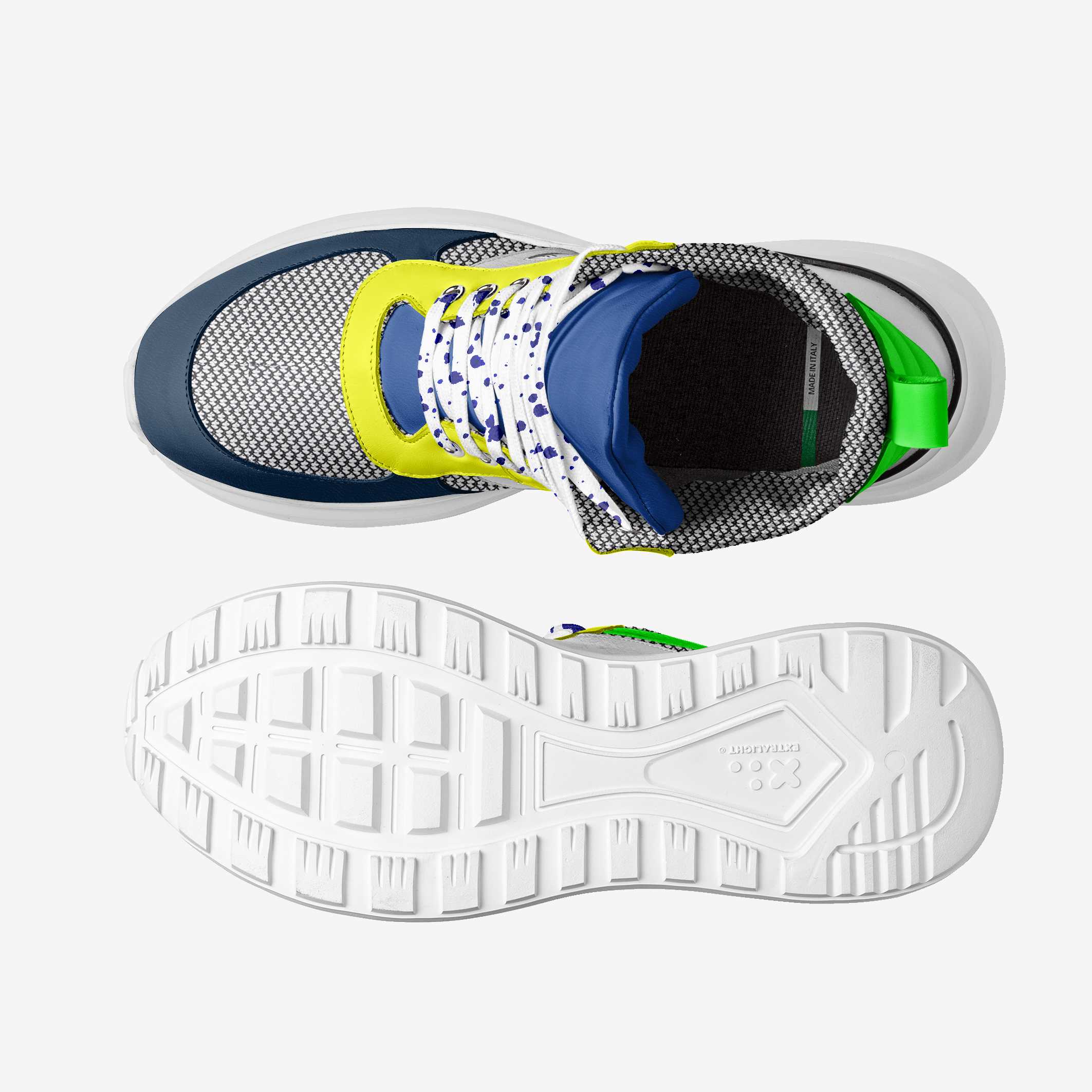 Colorful sneaker with a focus on sole design on a white background