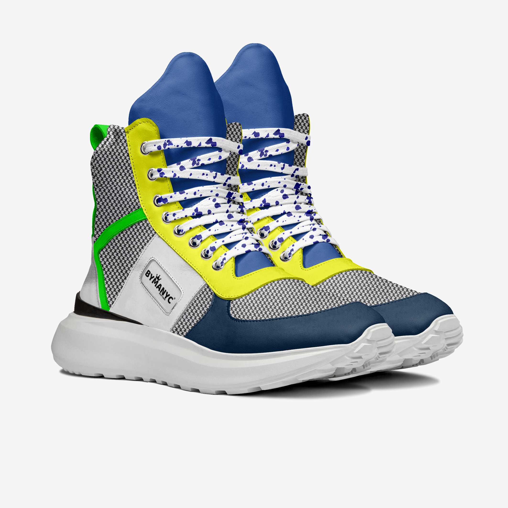 Colorful high-top sneakers with blue, green, and white design on a white background