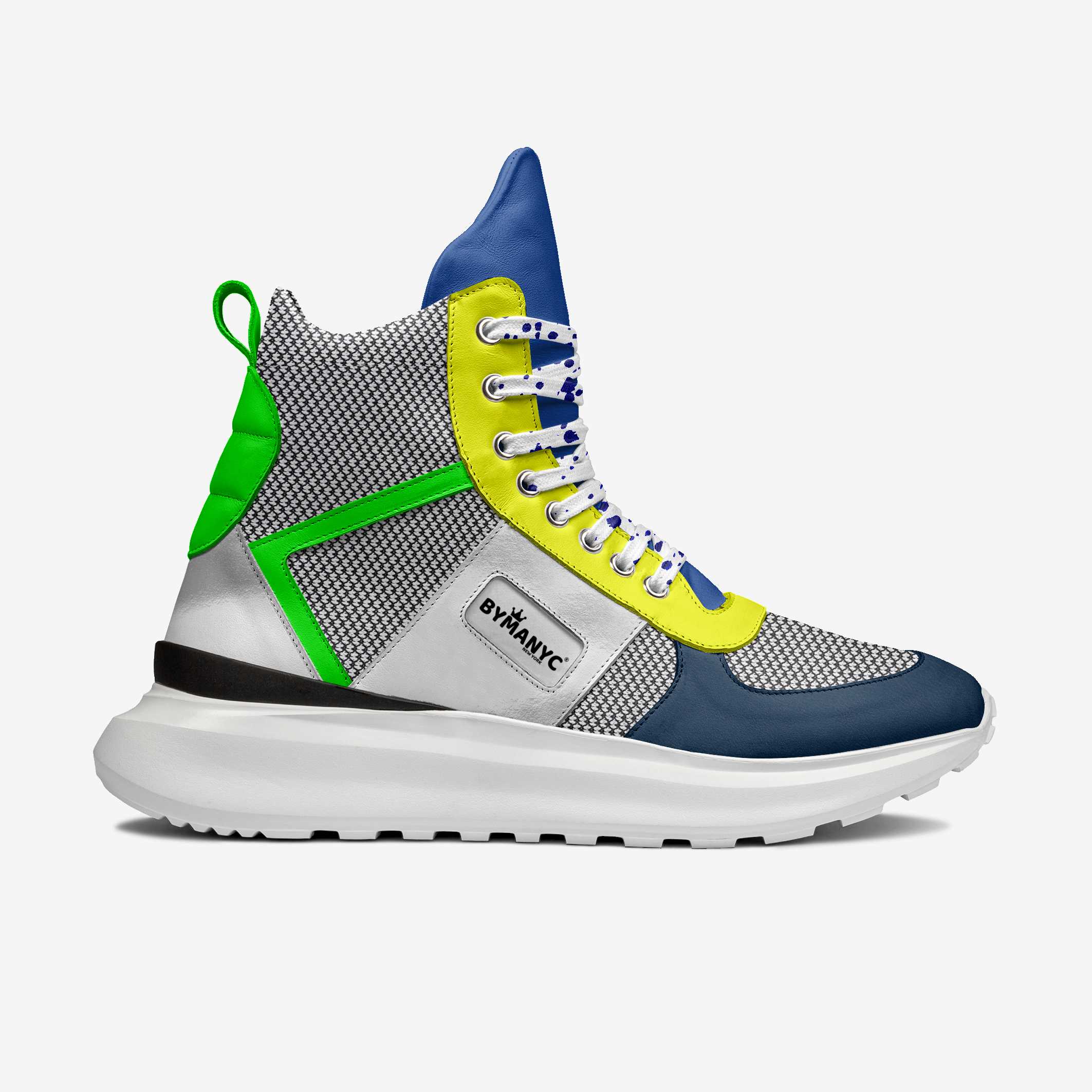 Multicolored sneaker with green, blue, and yellow accents on a white background