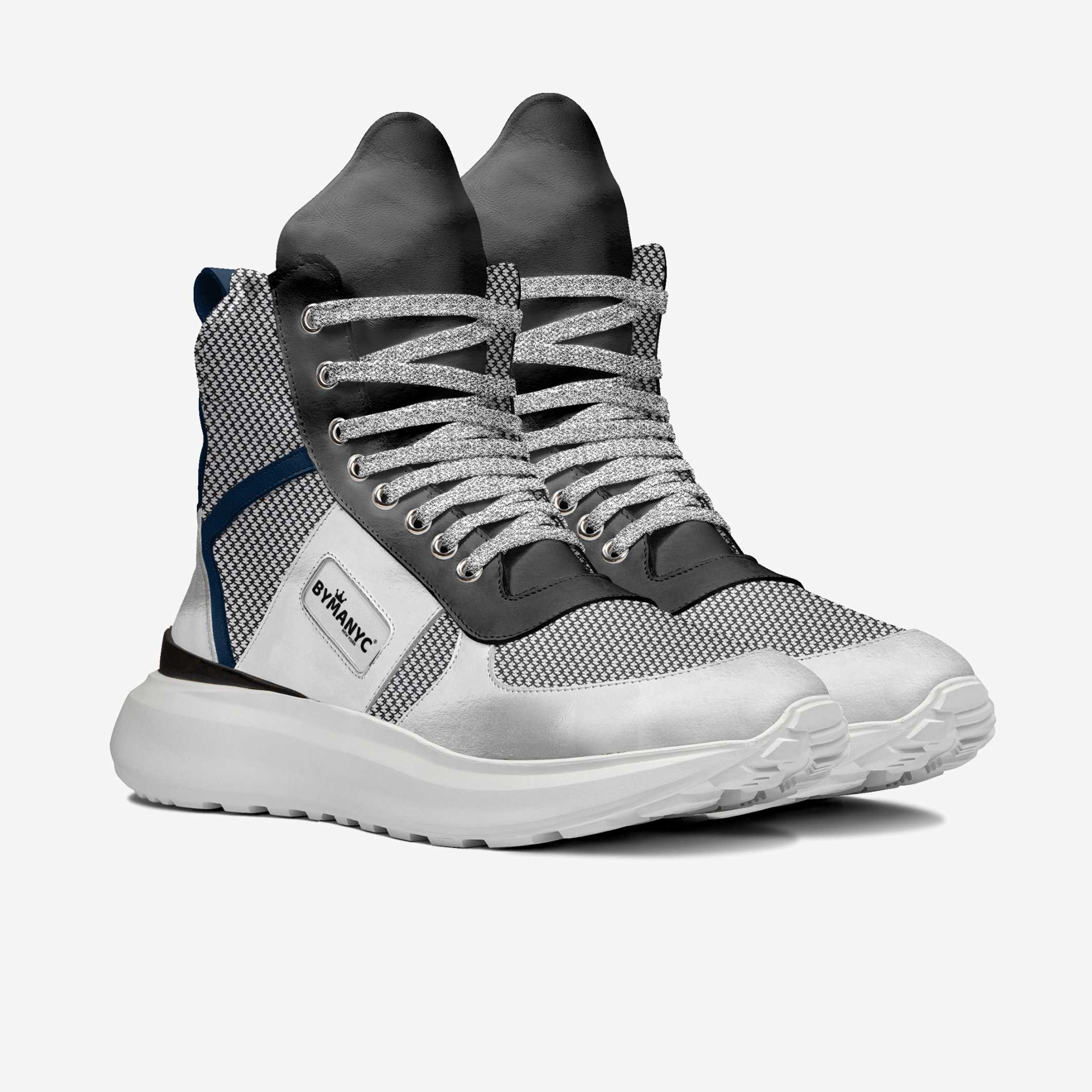 Gray and white high-top sneakers with a brand logo on a white background