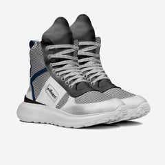 Gray and white high-top sneakers with a brand logo on a white background