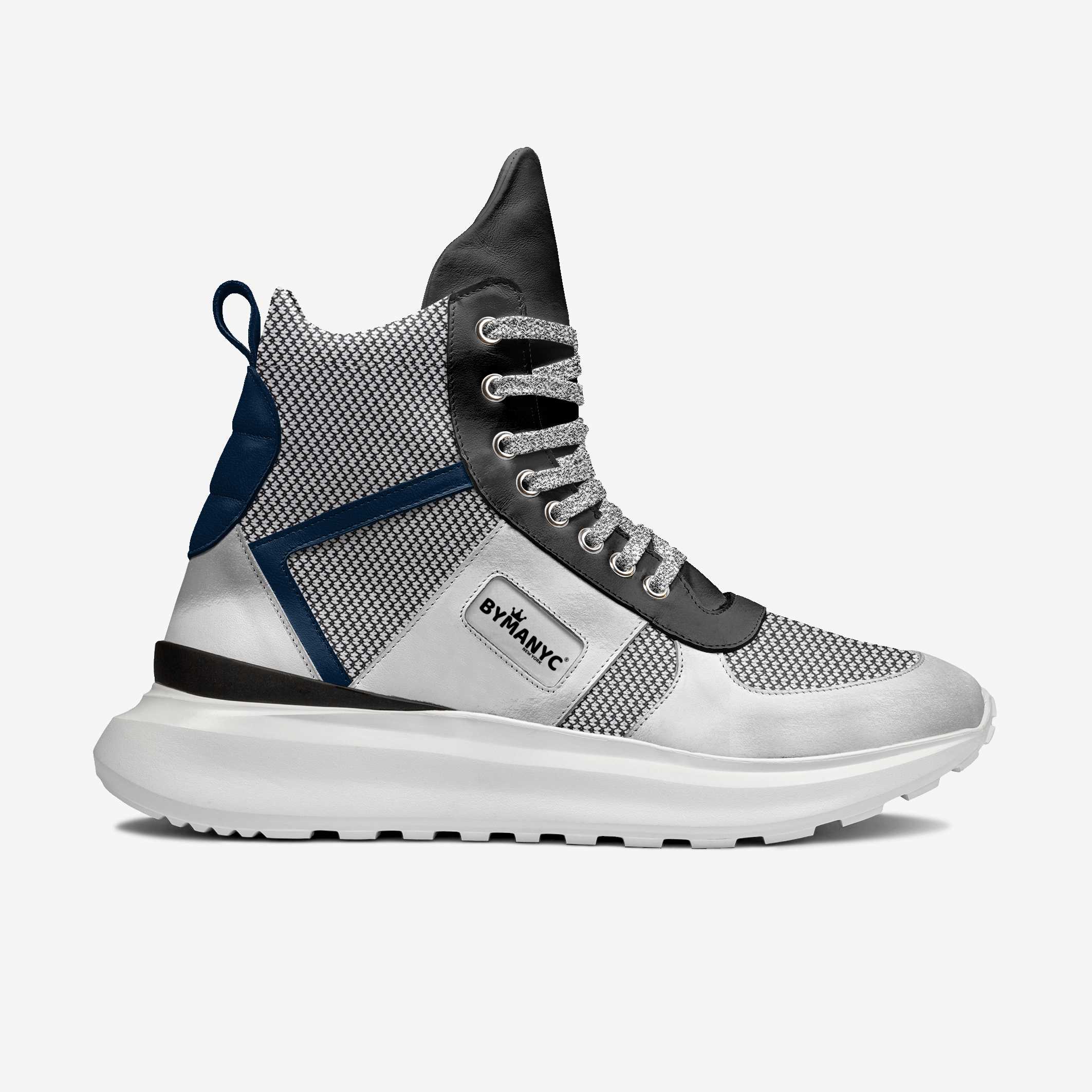 Gray and black sneaker with blue accents on a white background