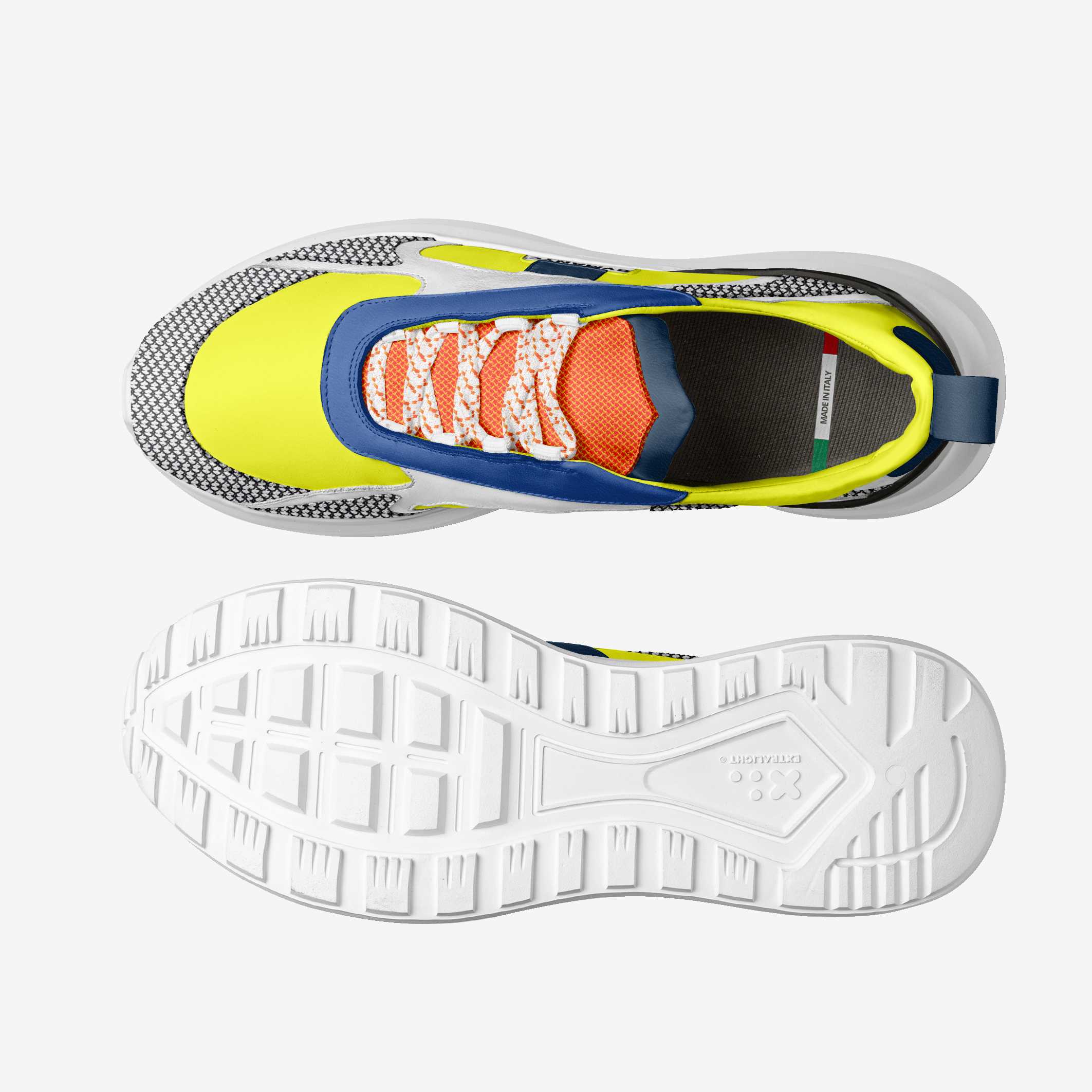 Colorful sneaker with a white sole on a light gray background