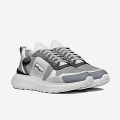 Gray and white sneaker with brand logo on a white background