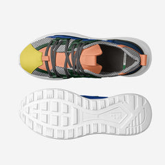 Top view of a multicolored sneaker with a white sole on a white background