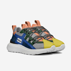 Multicolored sneaker with a brand logo on a white background