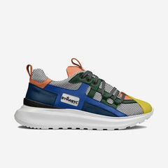 Multicolored sneaker with 'BYMANYC' branding on a white background