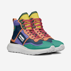 Colorful high-top sneakers with a brand label on a white background