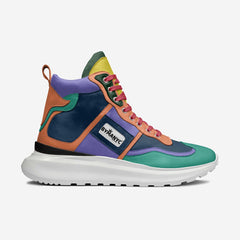 Multicolored sneaker with a brand logo on a light gray background