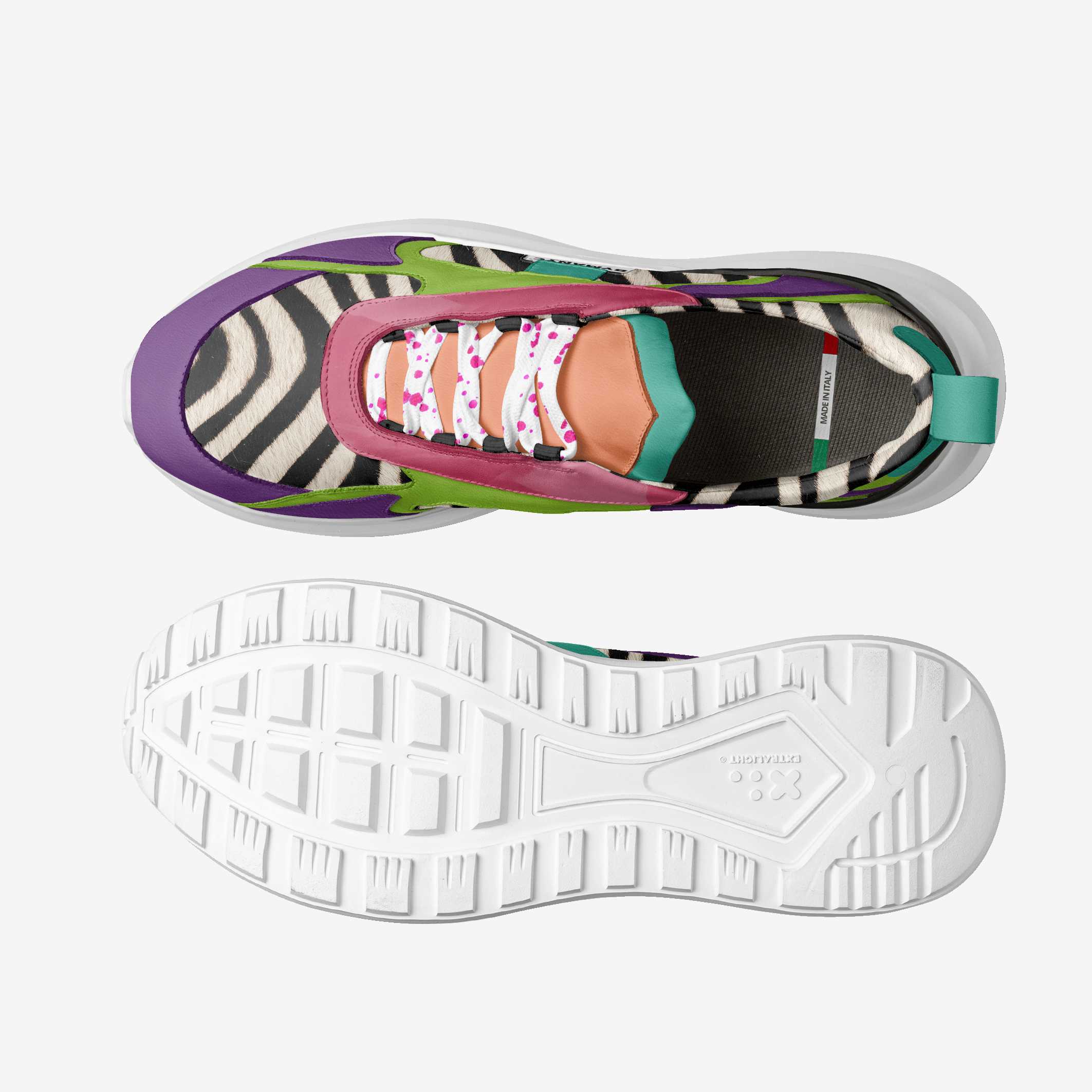 Colorful sneaker with a patterned sole on a white background
